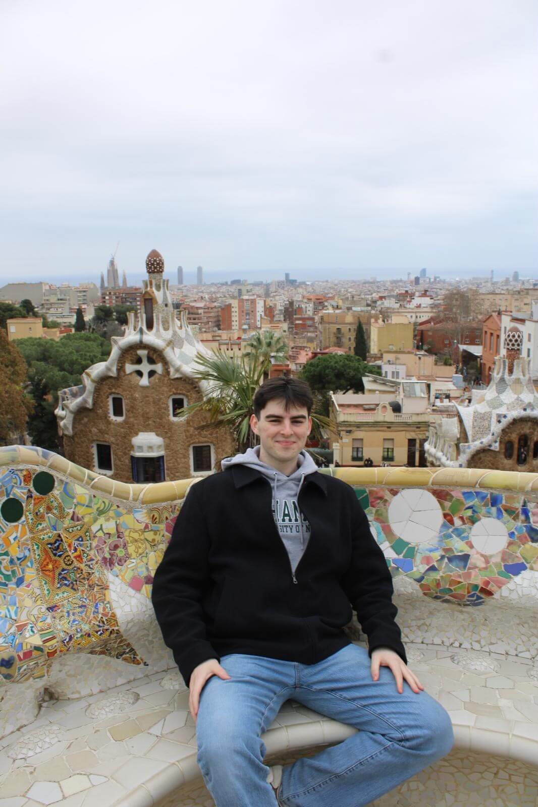 Lane sitting on the mosaic benches at Park Guell overlooking Barcelona