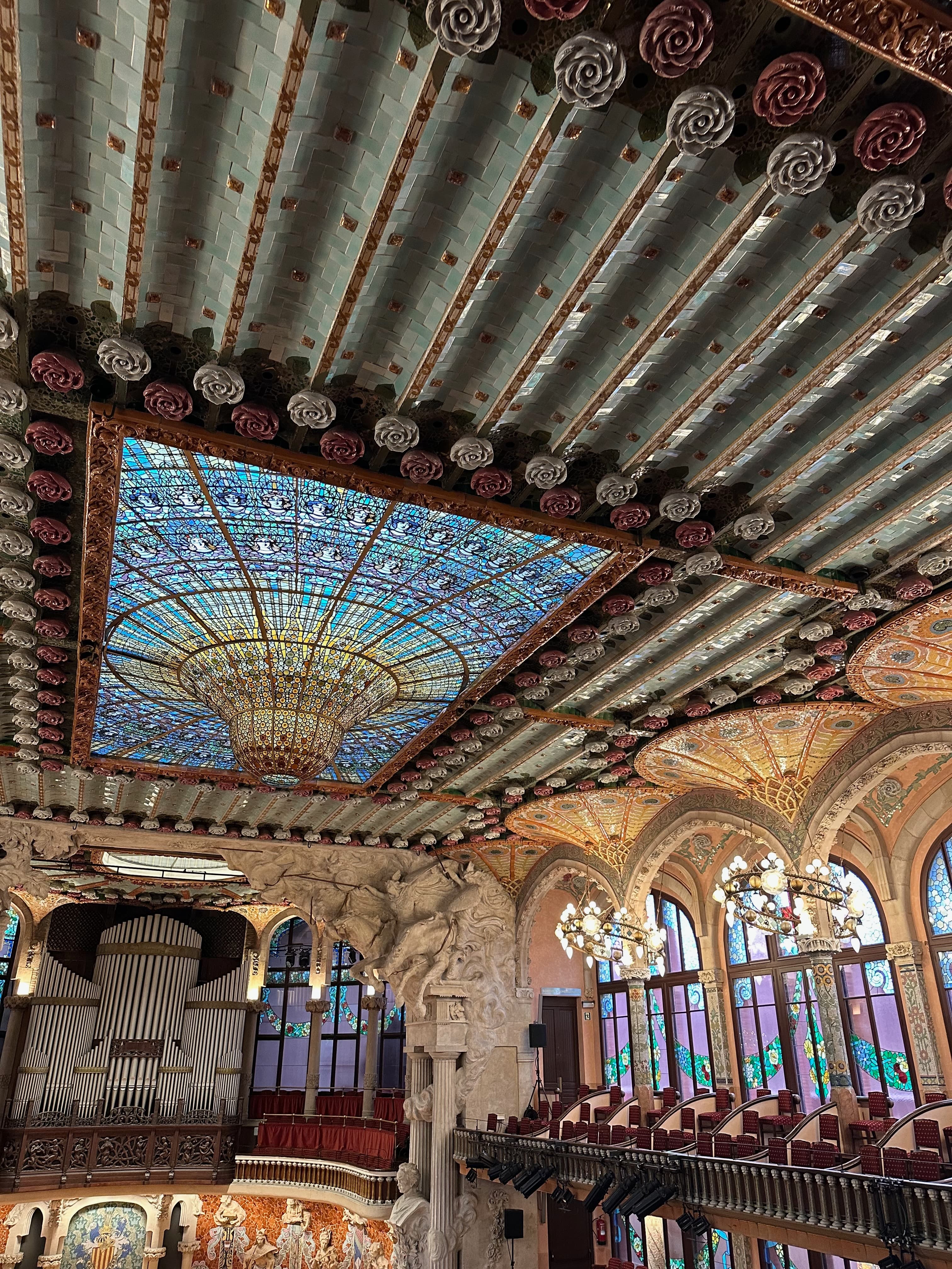 Stained glass ceiling inside Palau de la Musica Catalana